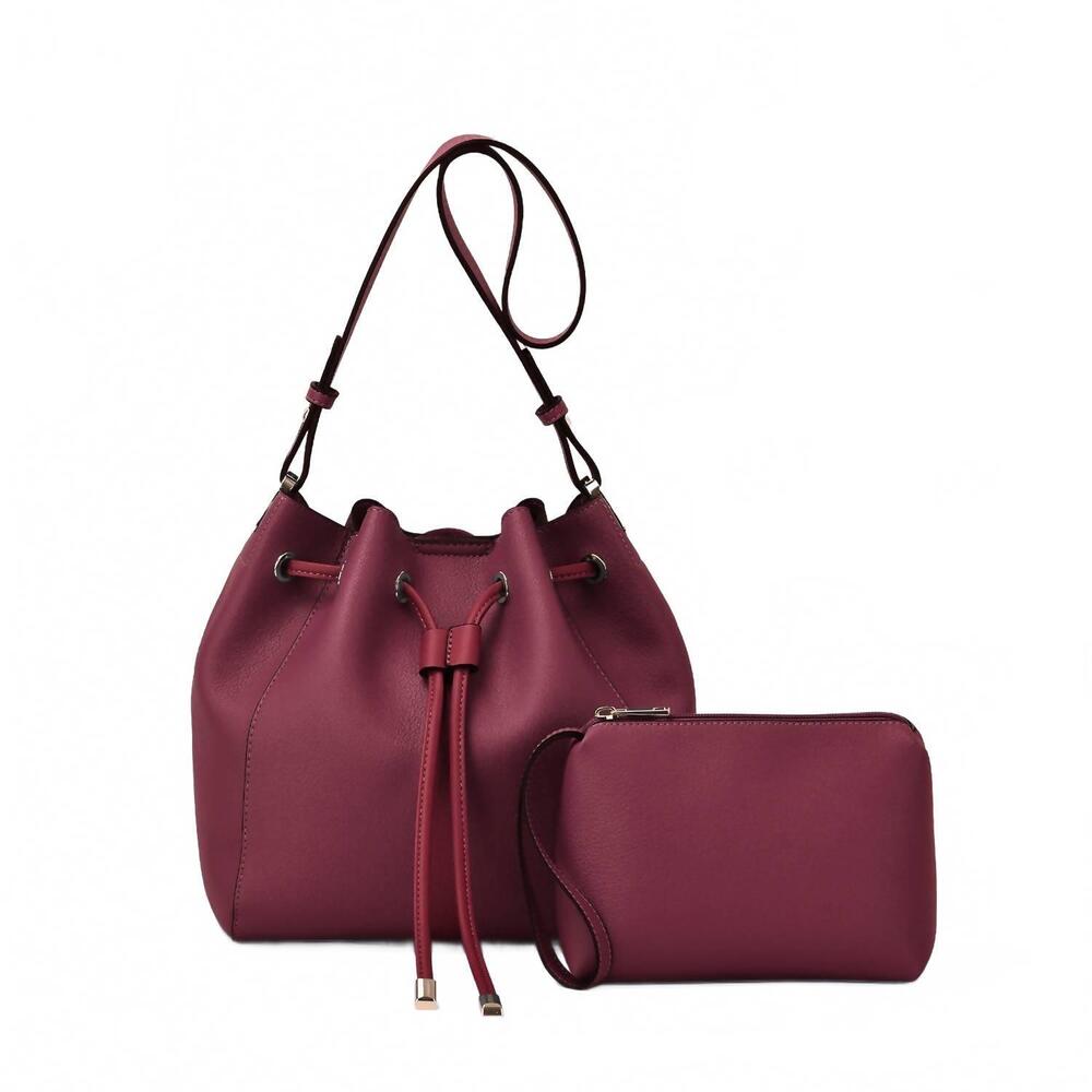 NEW MELLOW WORLD women's ashby drawstring bucket bag with pouch in burgundy